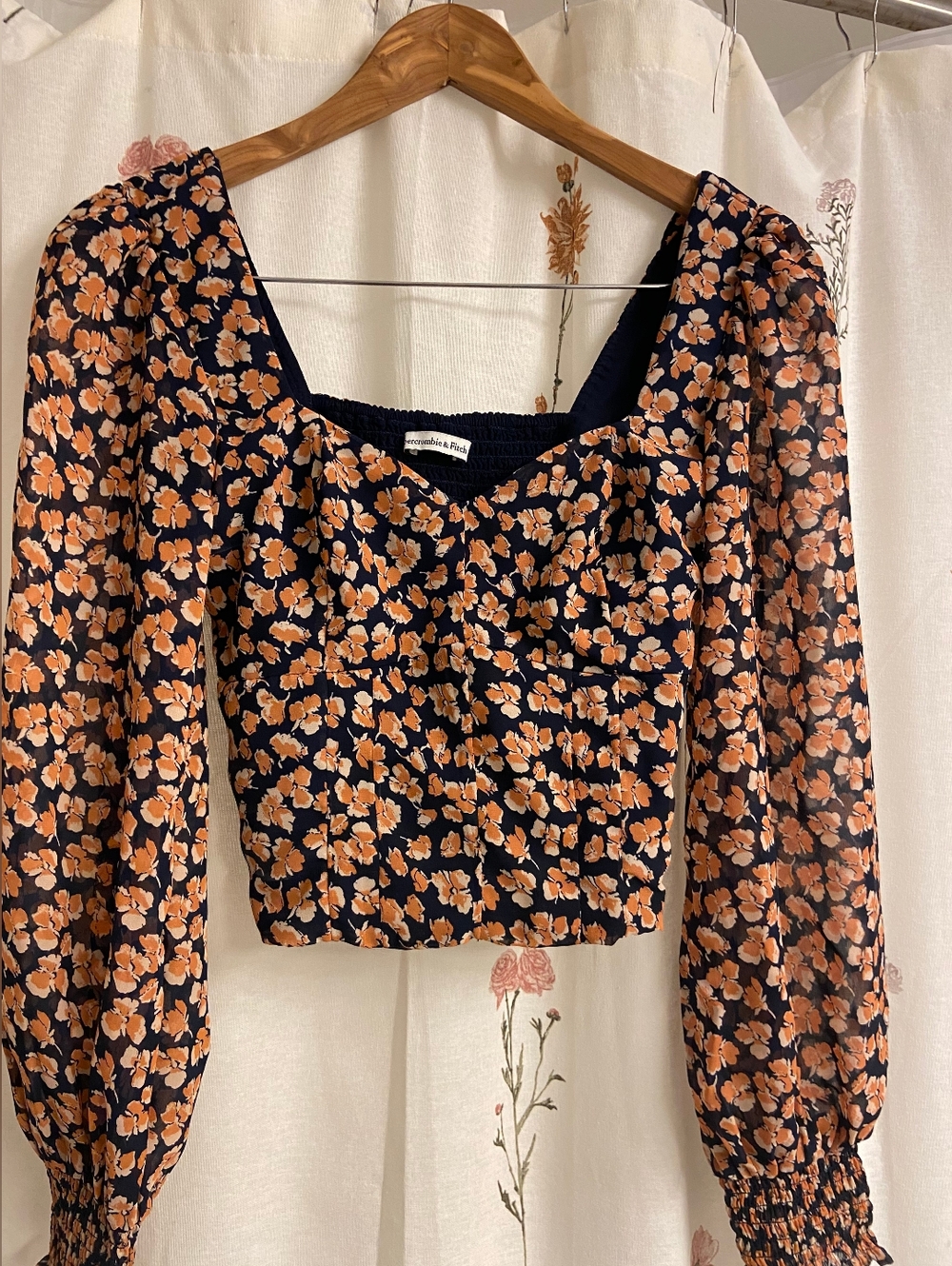 Abercrombie & Fitch Navy Floral Smocked Square-Neck Crop Top EUC Small